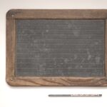 Szkolna tabliczka kamienna. Materiał: kamień – łupek i drewno. Tabliczka wykonana w Europie przed tysiąc dziewięćset czterdziestego piątego roku. Wymiary tabliczki to dwadzieścia osiem na dwadzieścia centymetrów. Część tabliczki służąca do pisania wykonana z ciemnego łupku, wygładzona i poliniowana. Leży na niej rysik. Tabliczka otoczona drewnianą ramą – wygładzoną dłońmi użytkowników