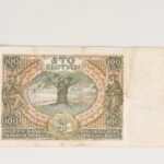 Rewers: zadrukowane dwie trzecie powierzchni banknotu, z prawej strony, na niezadrukowanej części zarysy znaku wodnego – portretu królowej Jadwigi Andegaweńskiej. W centralnej części zadrukowanej powierzchni pień dębu z konarami i korzeniami. Po lewej stronie dębu siedząca postać w kapeluszu ze skrzydłami z laską – to grecki bóg Hermes, po prawej w szacie odkrywającej jedno ramię, również siedząca rzymska bogini Fortuna. U dołu napis: Bilety Banku Polskiego są prawnym środkiem płatniczym w Polsce.